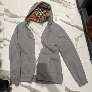 Burberry Gray Zip-Up Sweater with Check Lining